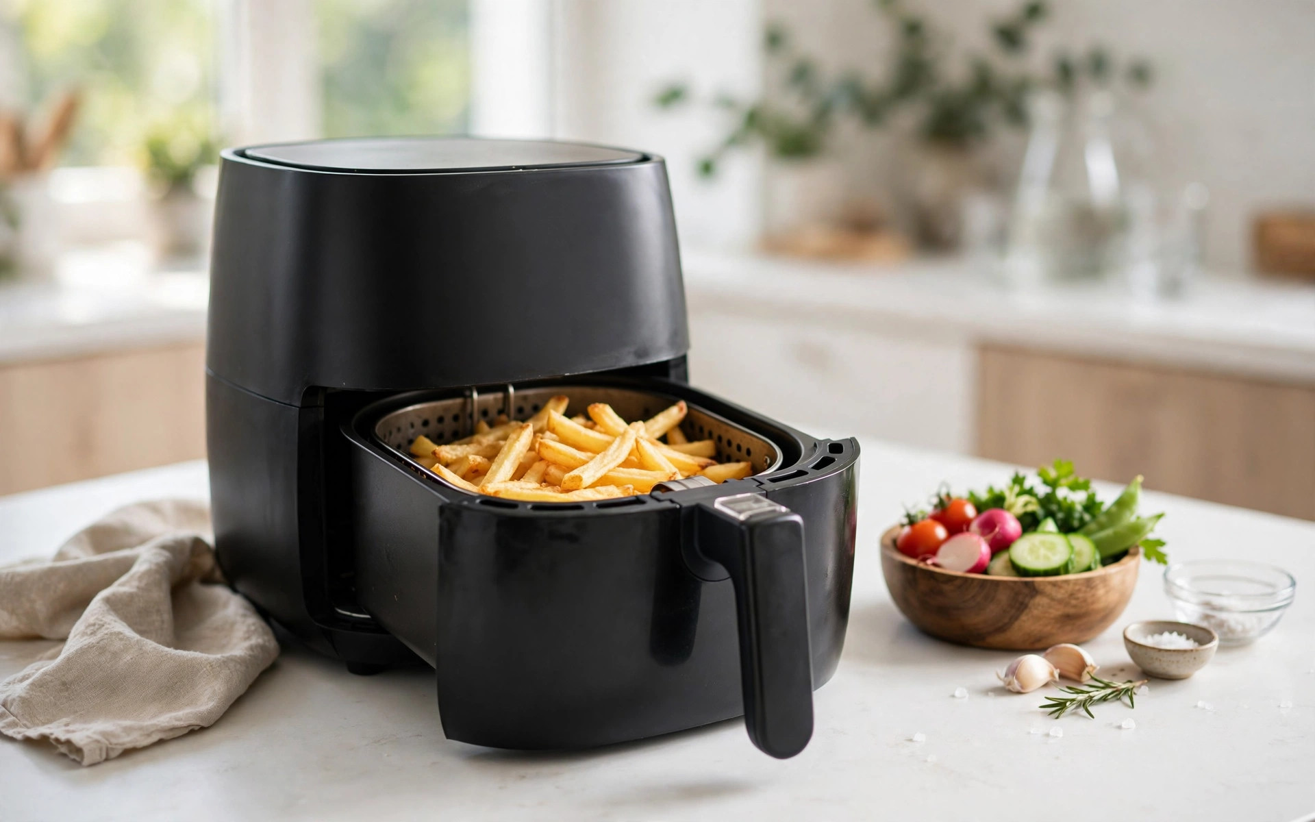 Black air fryer with its drawer open showing golden french fries on a kitchen counter