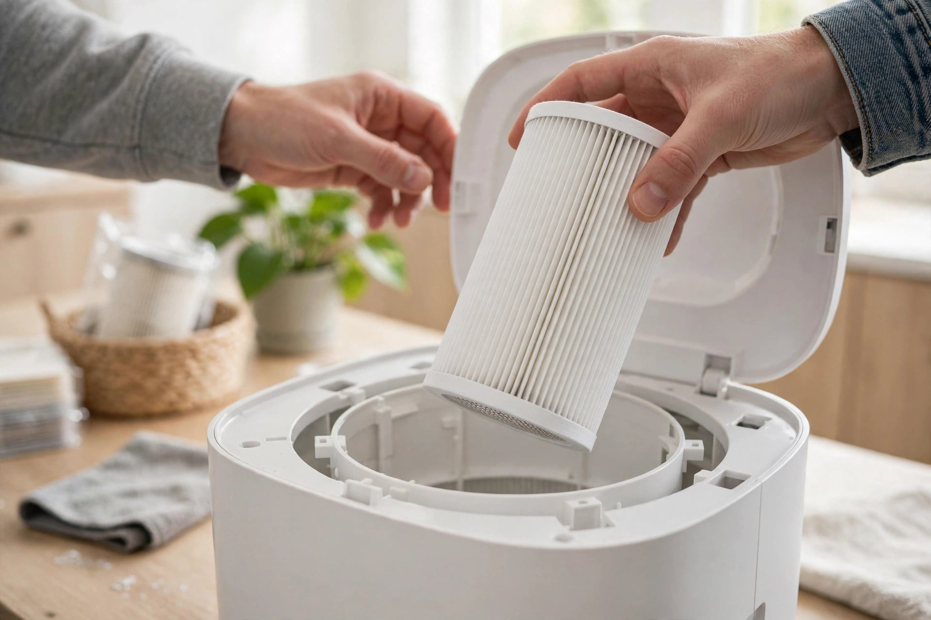 Air purifier with a replacement filter beside it on a table