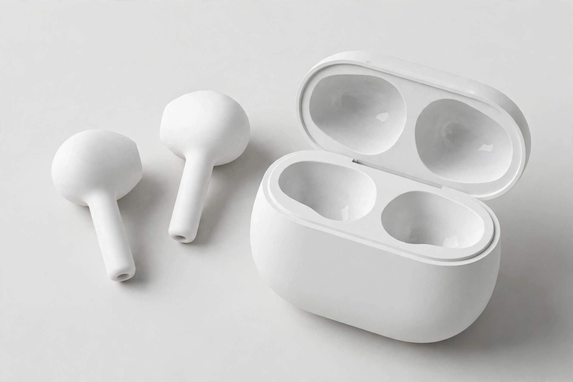 Generic white wireless earbuds with stem design beside an open charging case