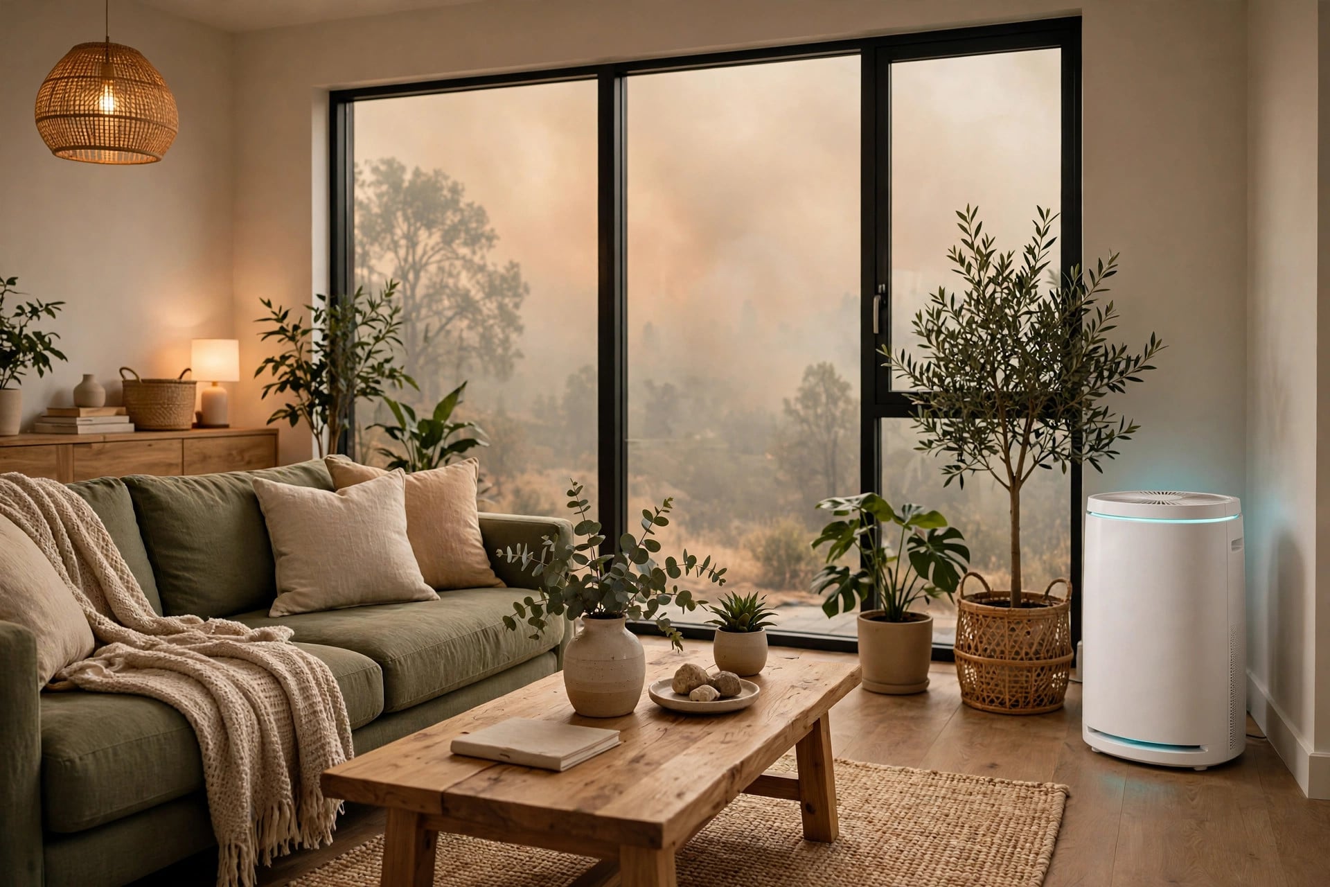 Modern air purifier in a bright living room during wildfire smoke haze