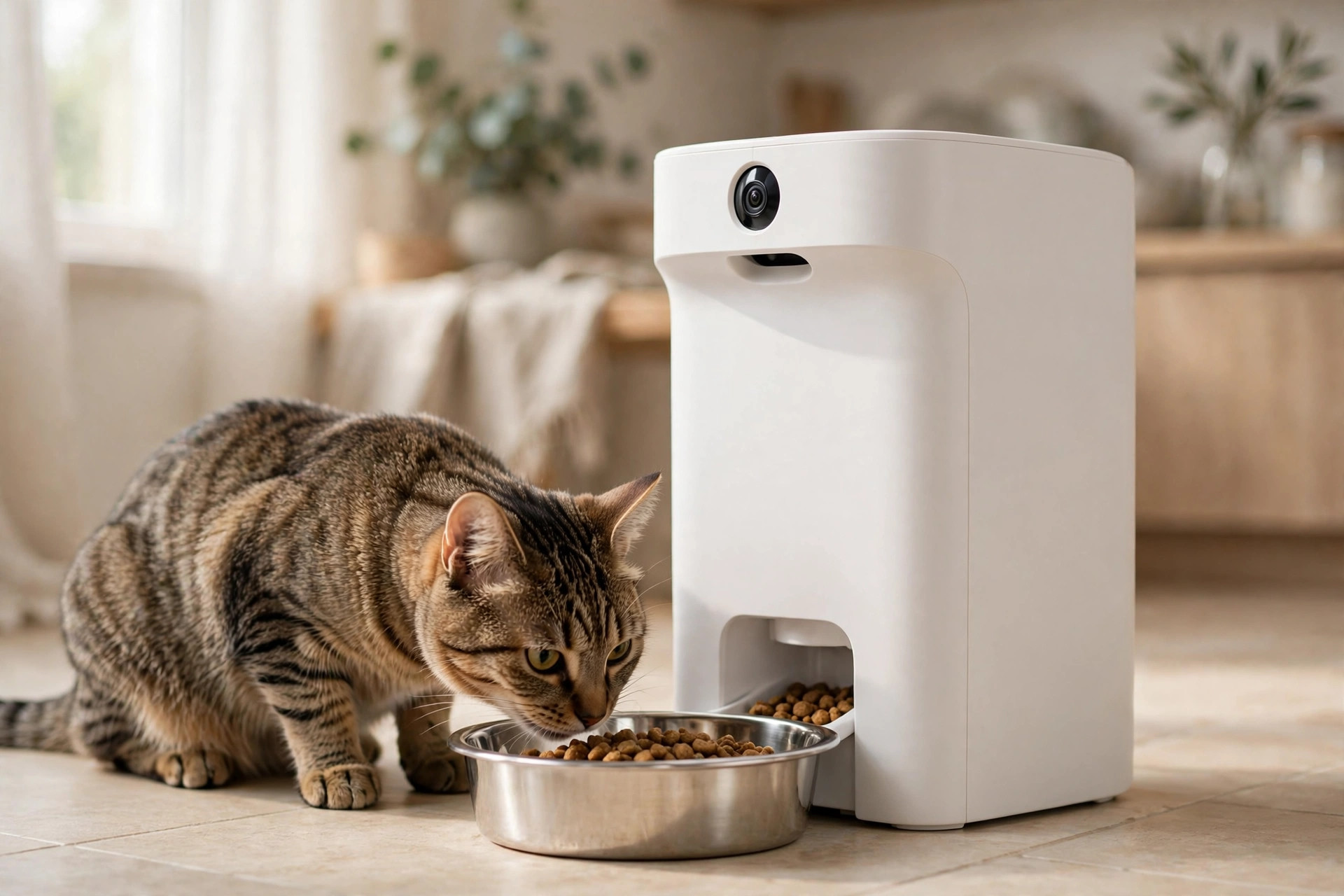 Tabby cat eating from a white automatic pet feeder with a built-in camera on a bright kitchen floor