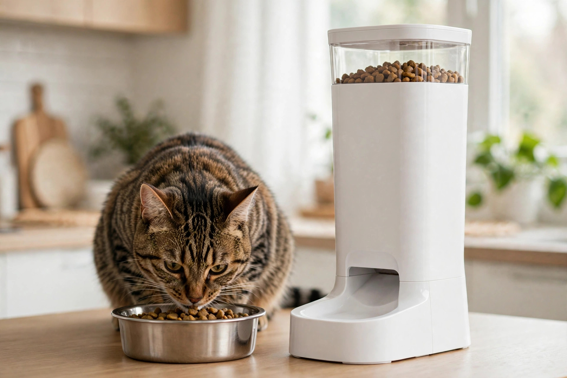 Tabby cat eating kibble from a steel bowl next to a plain white automatic pet feeder with no camera in a bright kitchen