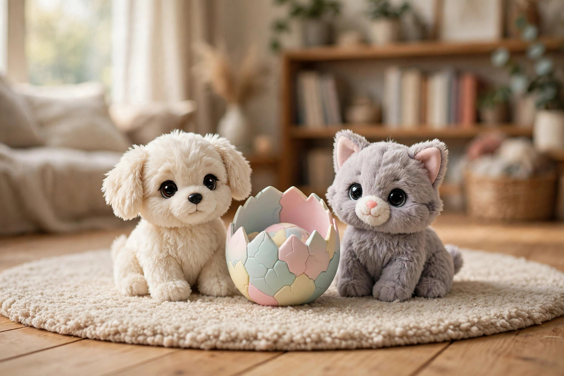 Generic plush puppy, plush kitten, and pastel toy hatching egg on a rug in a bright living room