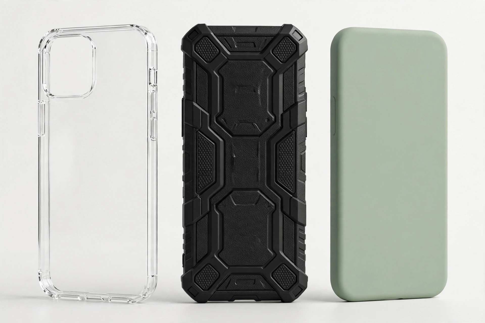 Three smartphone protective cases side by side: clear, rugged black, and slim silicone