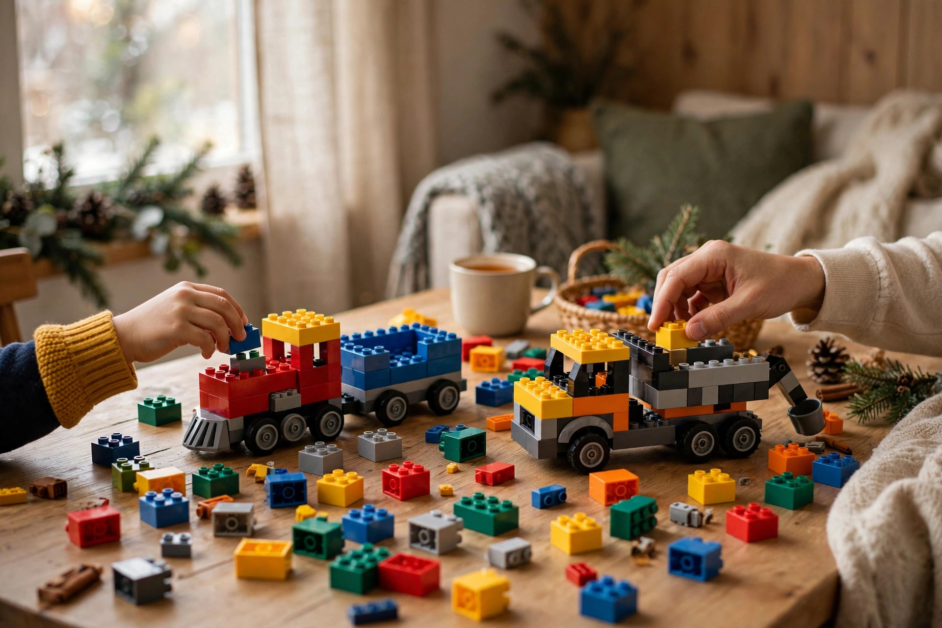 Child and parent building with colorful interlocking bricks on a cozy living room table