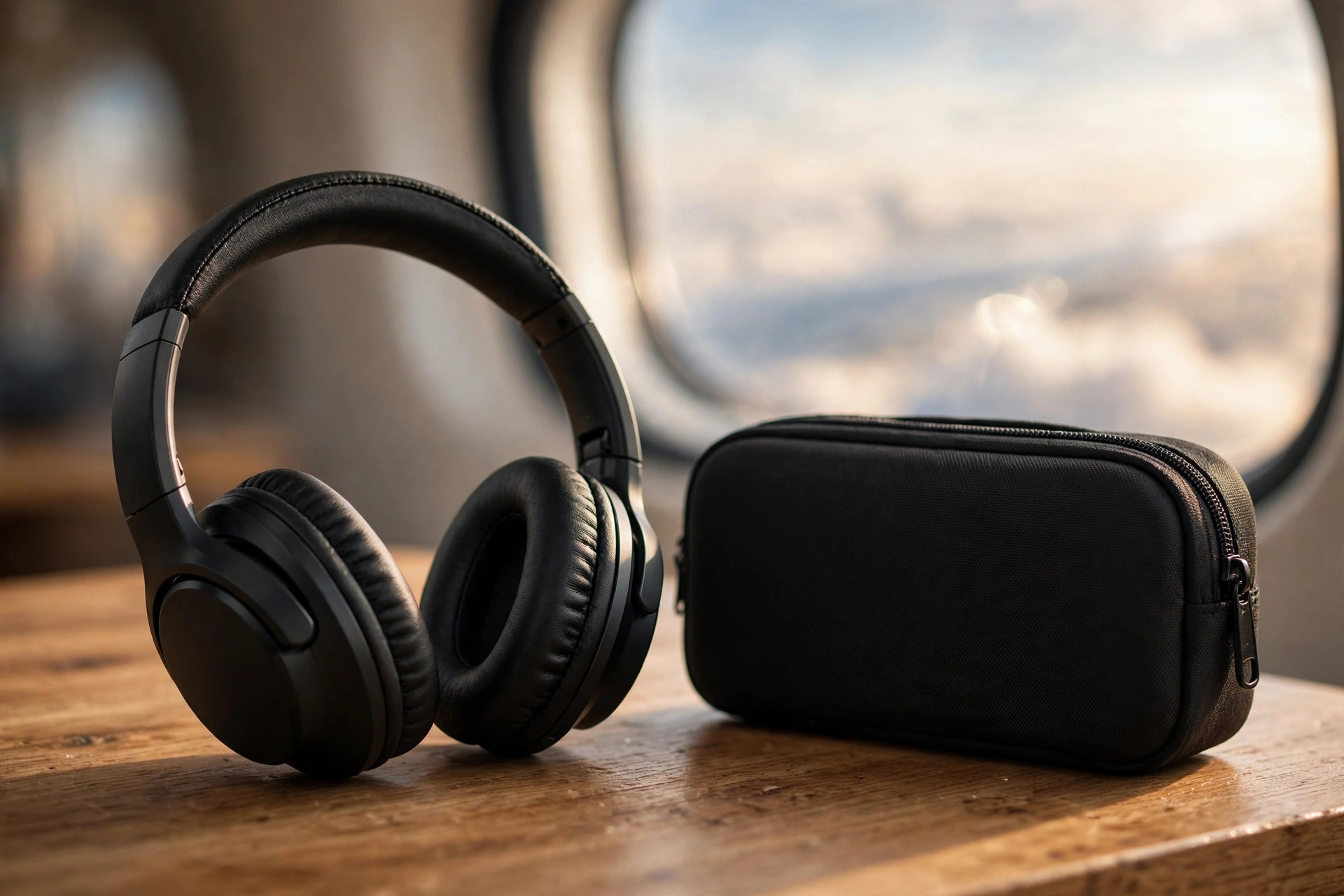 Black over-ear noise-cancelling headphones with a carry case on a desk by a softly blurred airplane window