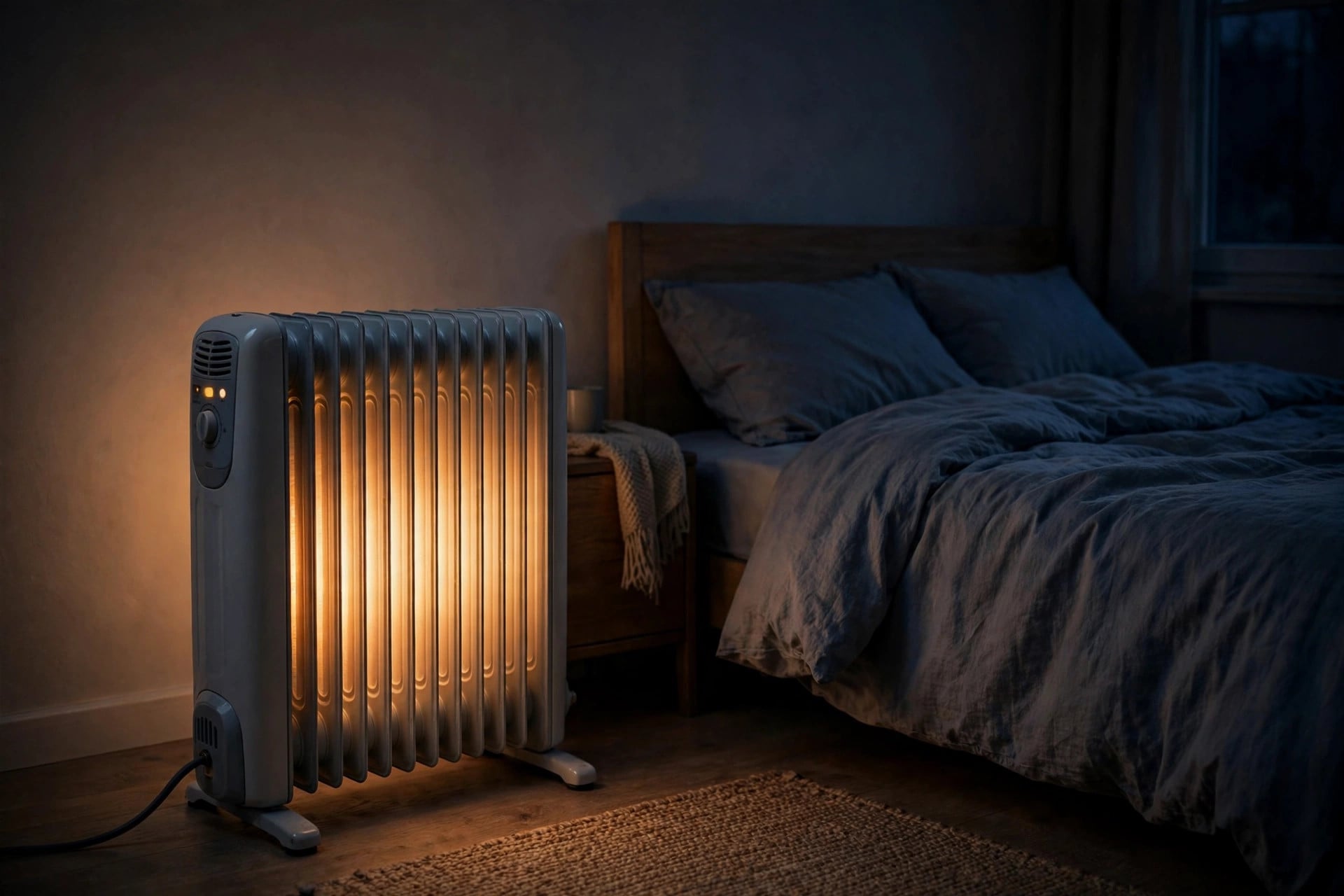 Oil-filled radiator heater beside a bed in a dim quiet bedroom at night