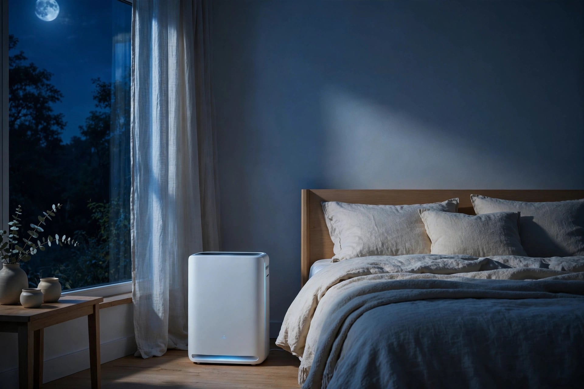 Sleek air purifier in a dim, quiet bedroom at night