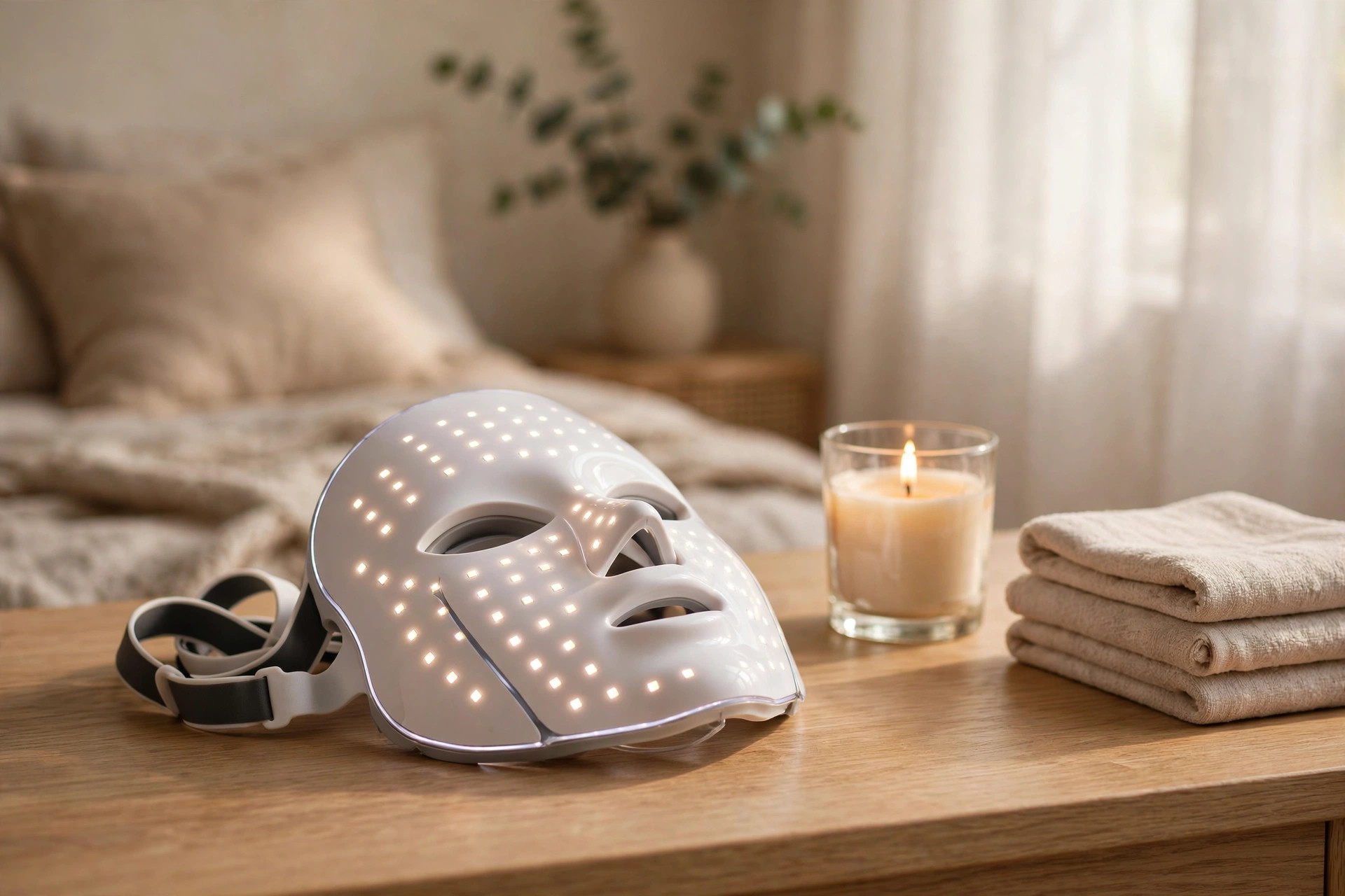 Generic white LED light therapy mask on a vanity table with a lit candle and folded towels