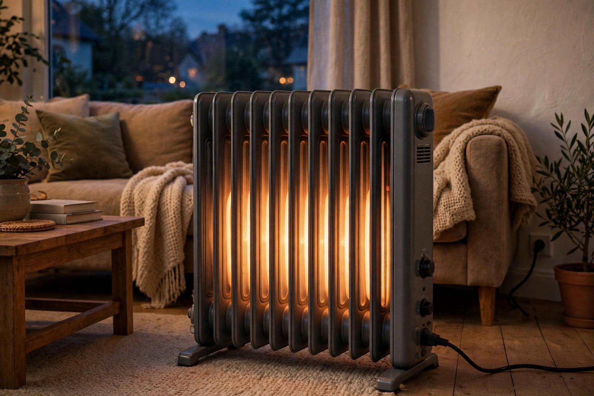 Oil-filled radiator space heater glowing warmly in a cozy living room at dusk