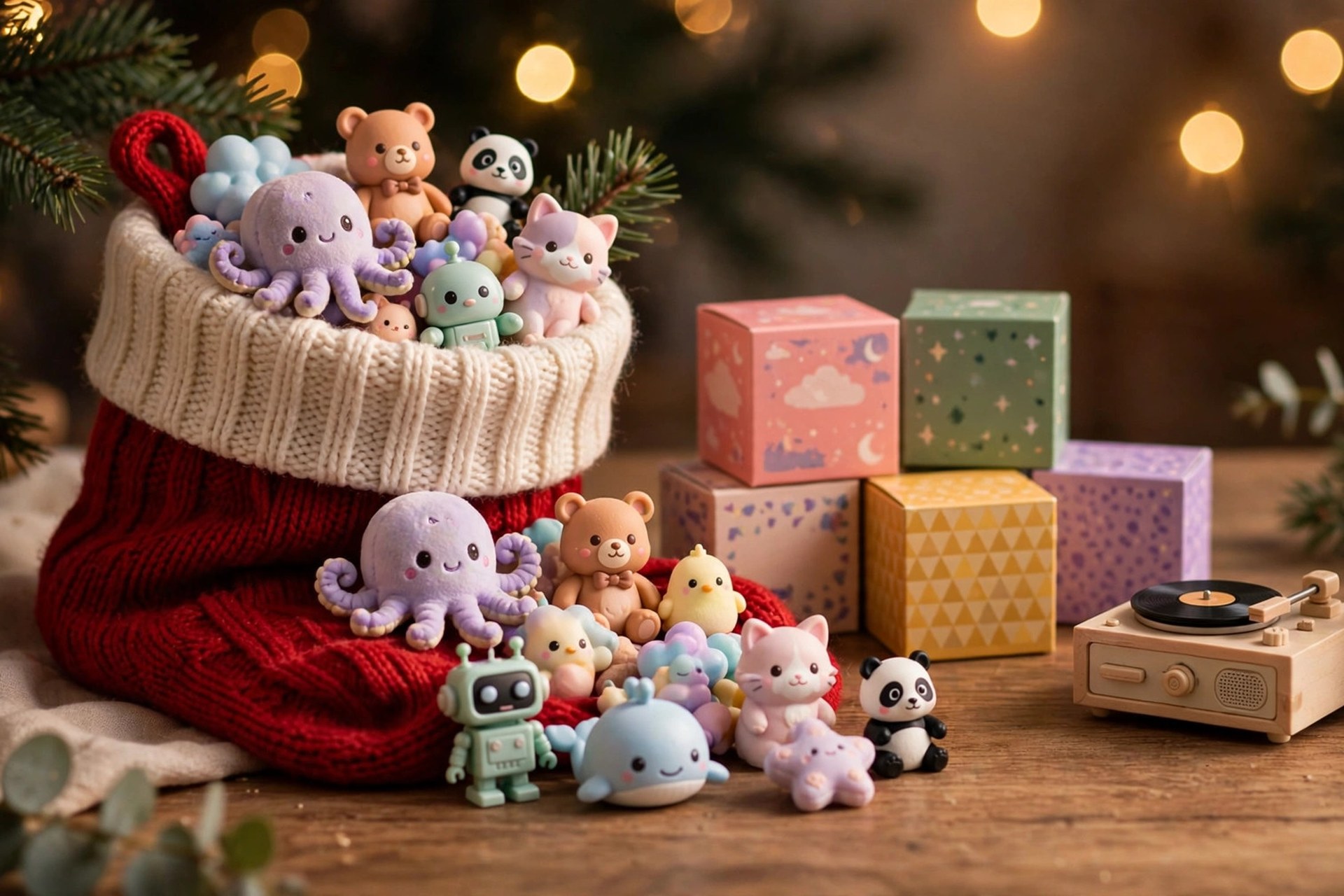 Christmas stocking overflowing with generic collectible blind-box toys, a tiny toy turntable, and a water-reveal plush jar on a wooden table with festive lights