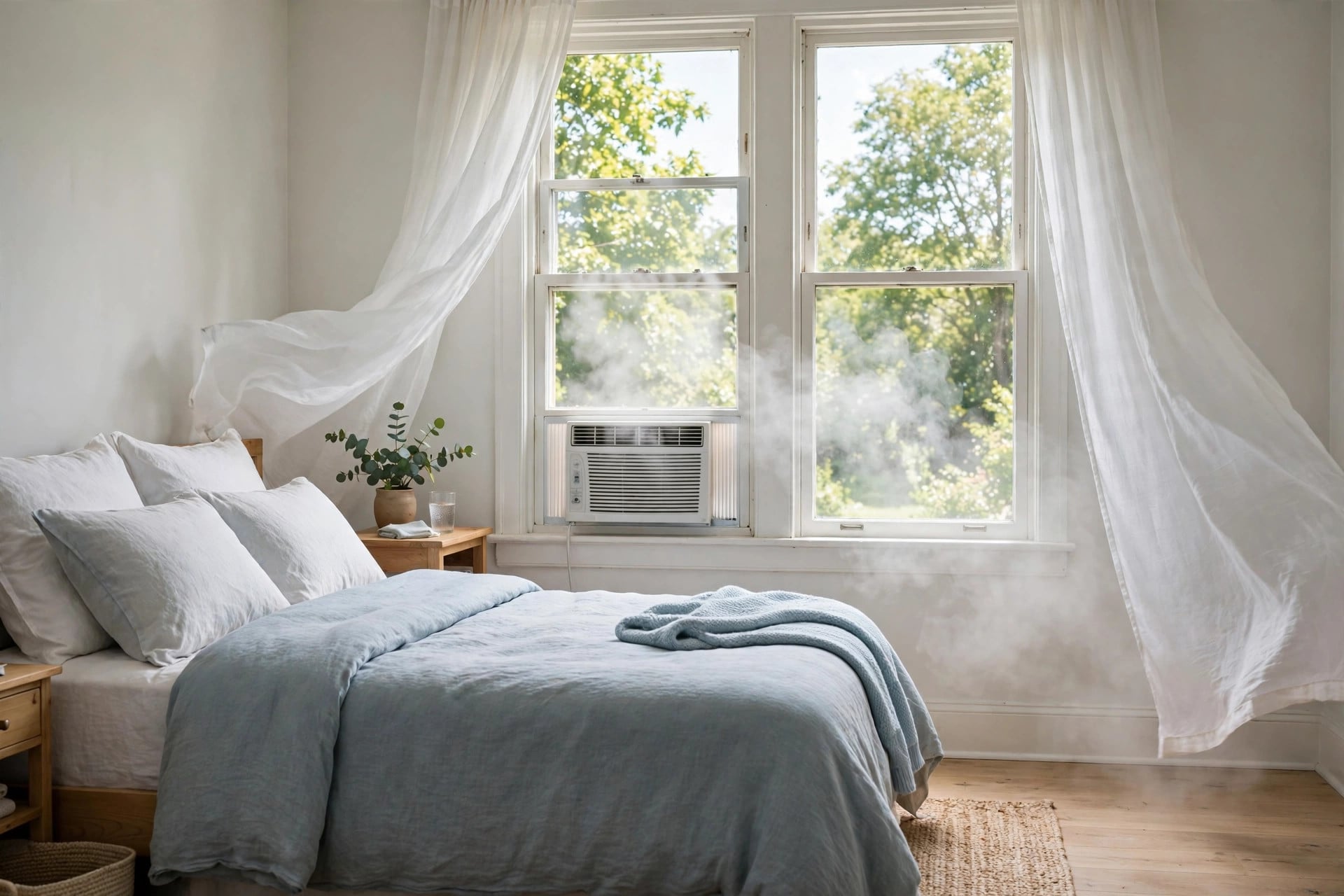 Window air conditioner installed in a bedroom window with sheer curtains