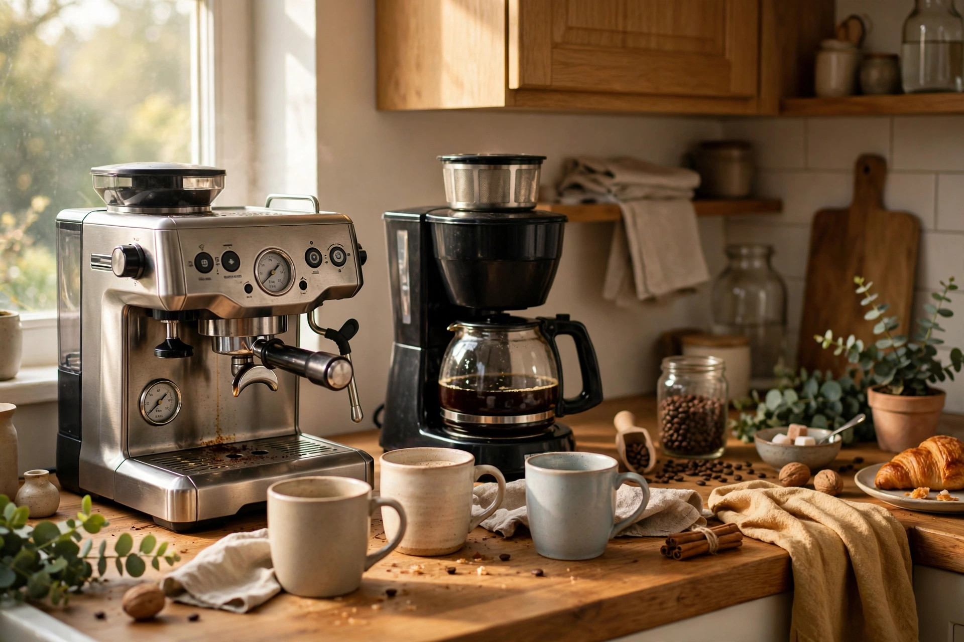 Espresso machine, drip coffee maker and ceramic mugs on a kitchen counter in warm morning light
