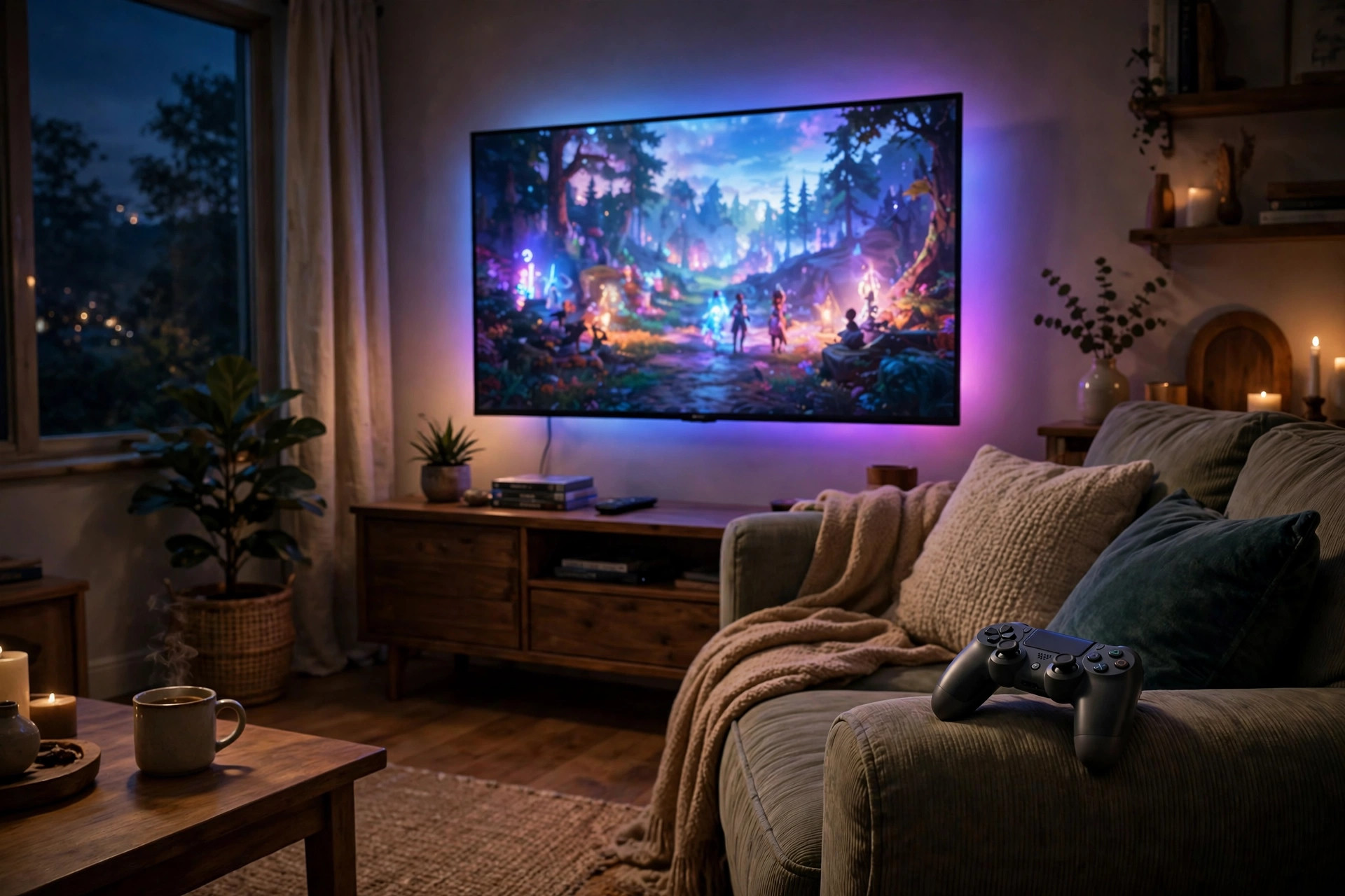 Game controller on a couch armrest in a dim living room with a large TV glowing softly