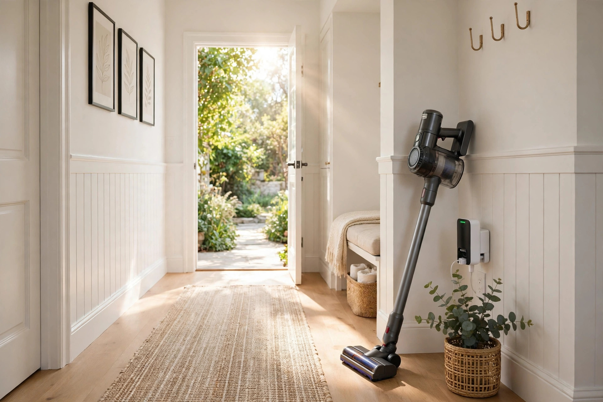 Cordless stick vacuum leaning by its charging dock in a bright tidy hallway