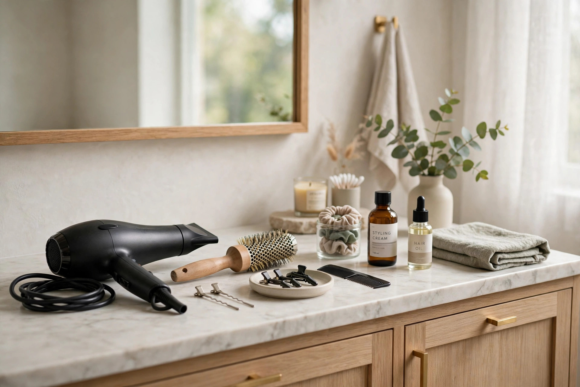 Hair dryer, round brush and styling tools on a bathroom vanity in soft daylight