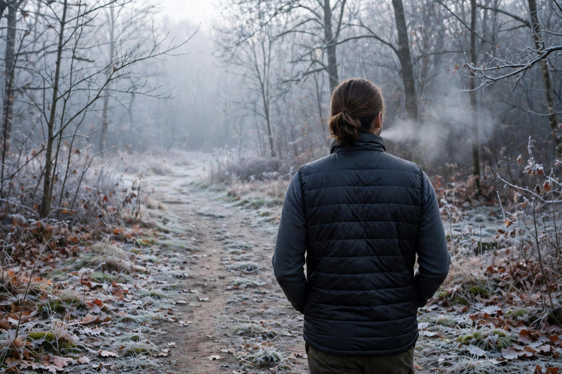 Person in a winter puffer vest on a frosty morning trail