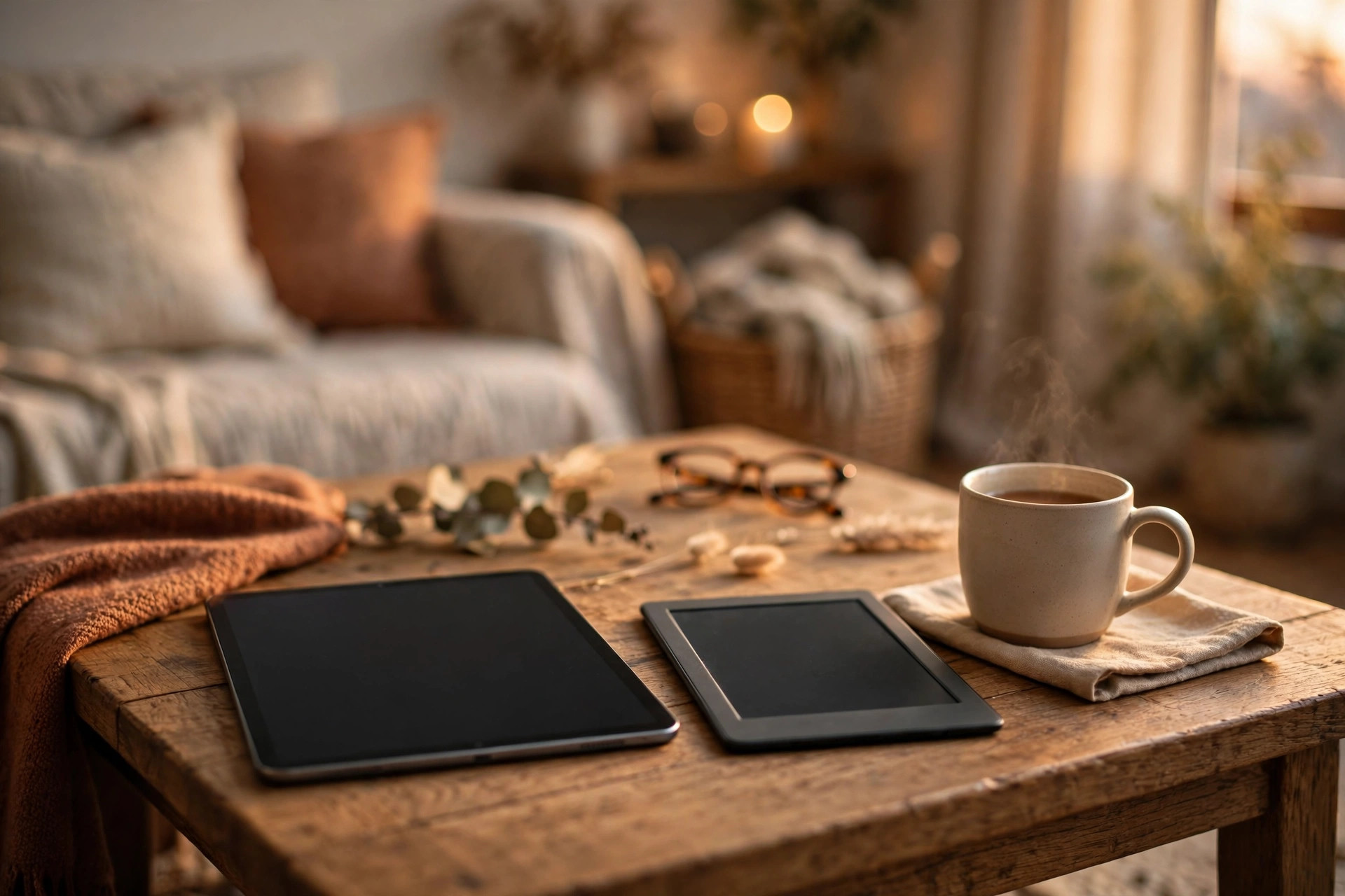 Tablet and e-reader on a wooden coffee table in a cozy living room
