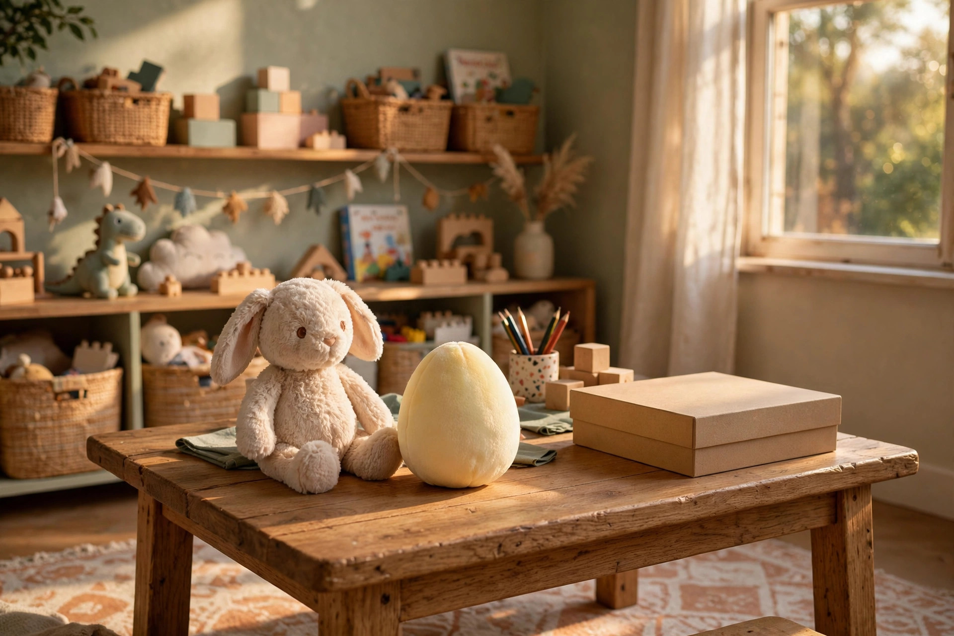 Plush bunny, plush toy egg and a plain game box on a wooden table in a cozy playroom