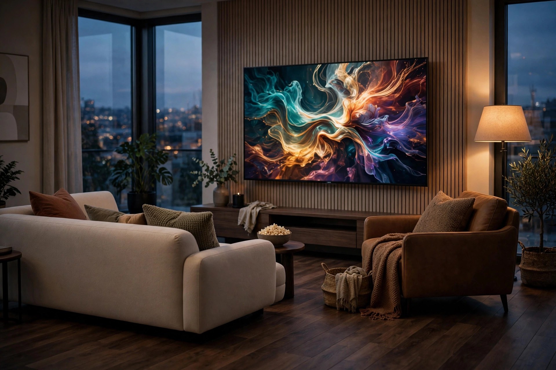 Cozy living room at dusk with a large wall-mounted TV glowing with colorful abstract art