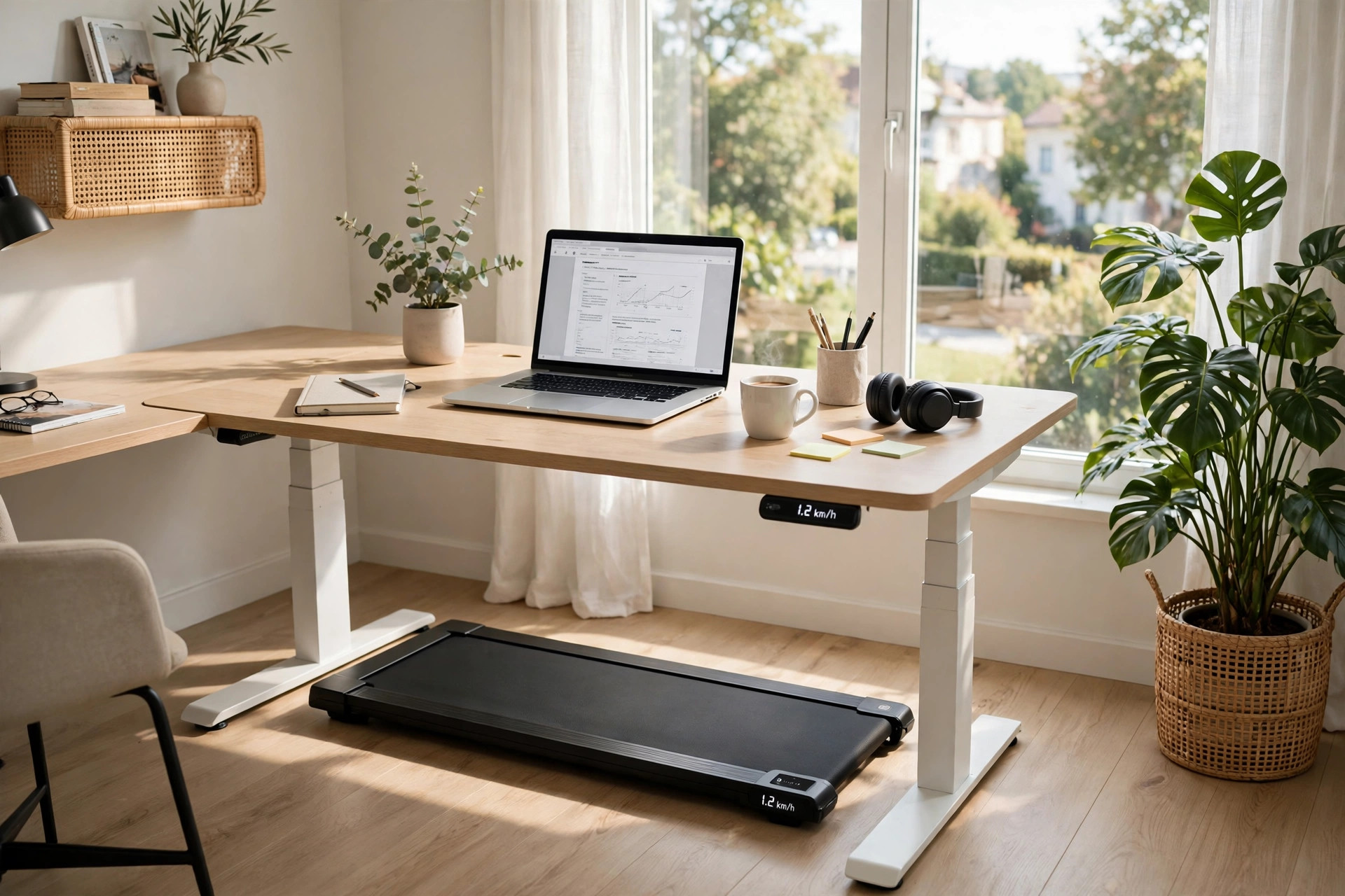 Slim walking pad under a standing desk with a laptop in a bright home office