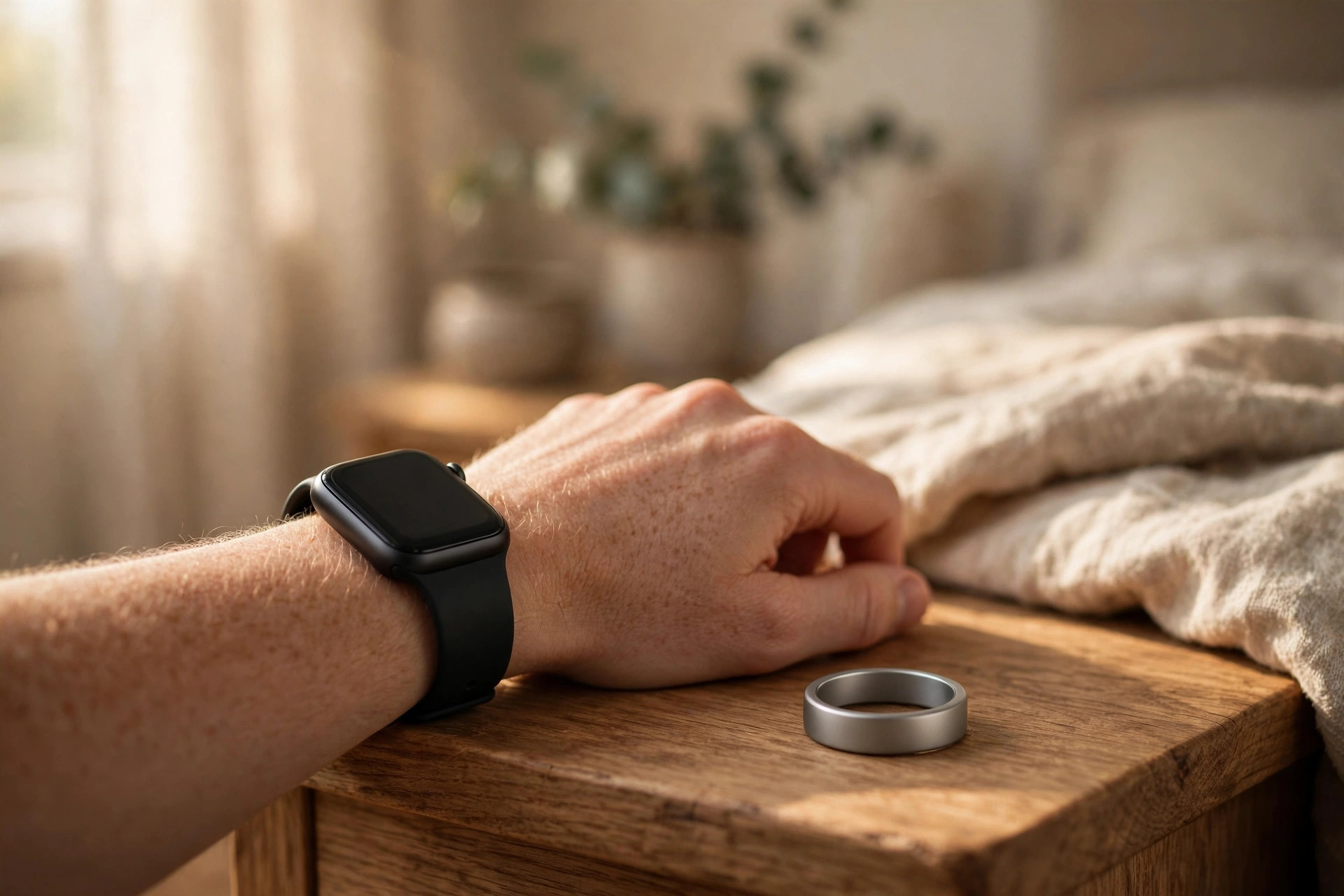 Smartwatch on a wrist beside a smart ring on a wooden nightstand in soft morning light