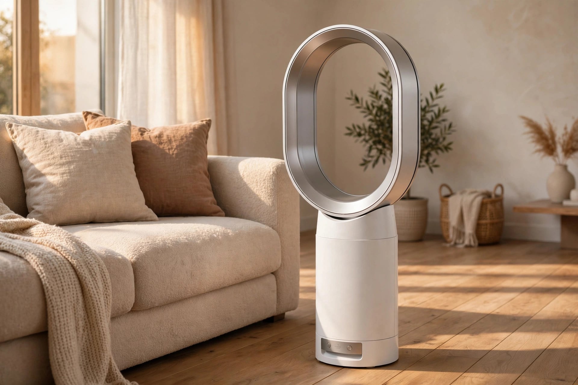 Bladeless tower fan and heater in a modern living room
