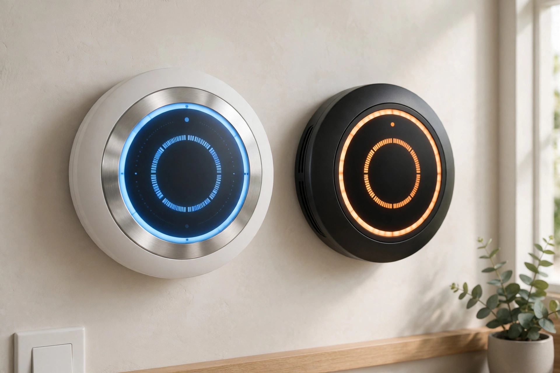 Two round smart thermostats side by side on a light wall