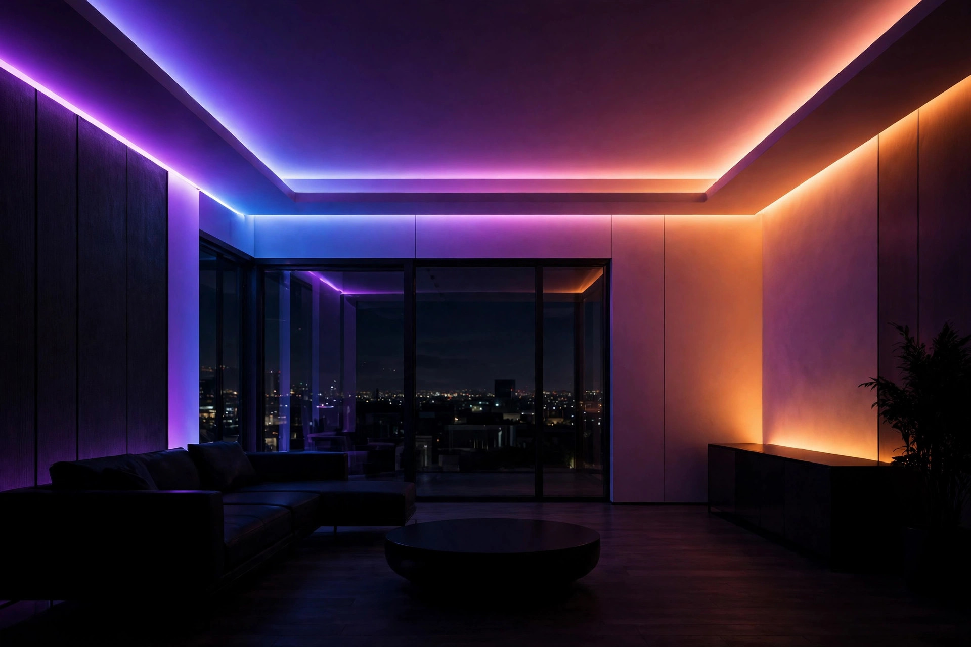 Living room lit by colorful smart ambient lighting