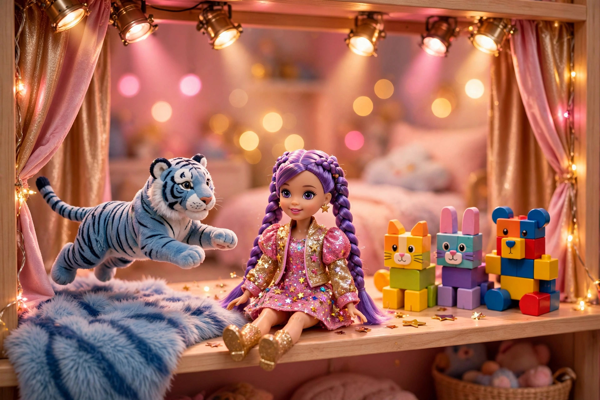 KPop Demon Hunters toys arranged like a concert stage: plush blue tiger mid-pounce, purple-braided fashion doll in a glittery outfit, and colorful building-block animals under pink and gold stage lights