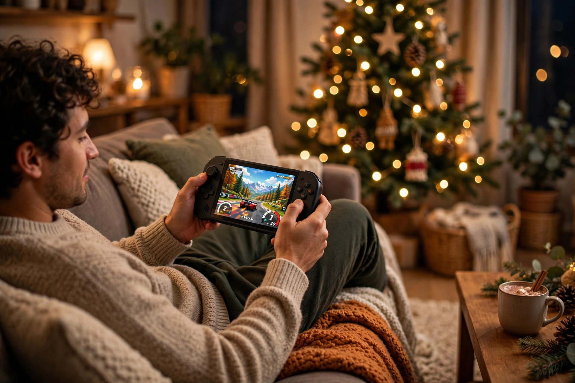 Person playing a handheld gaming console on a couch in a cozy living room with a Christmas tree