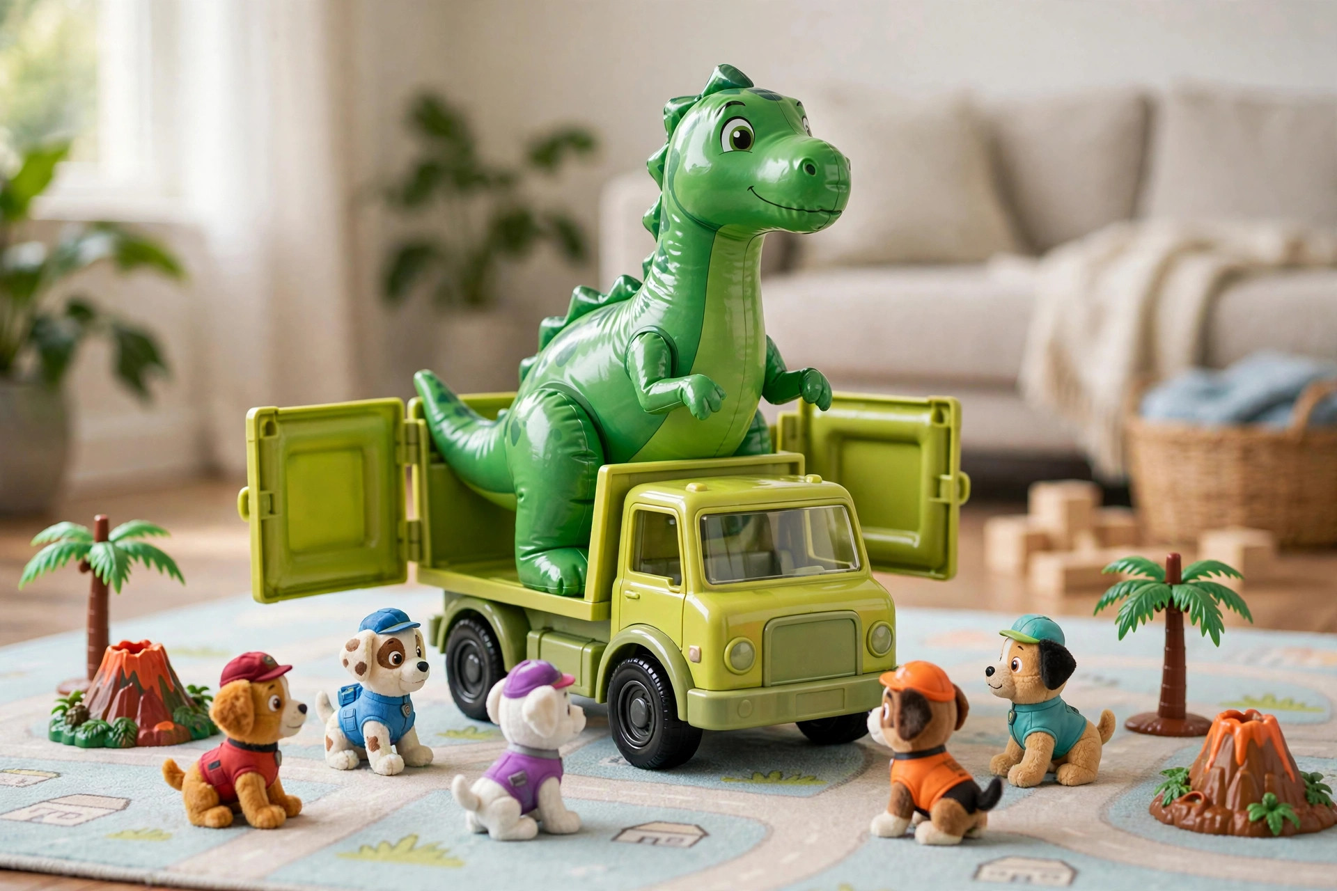 Toy rescue puppy figures and an inflatable toy dinosaur in a playroom
