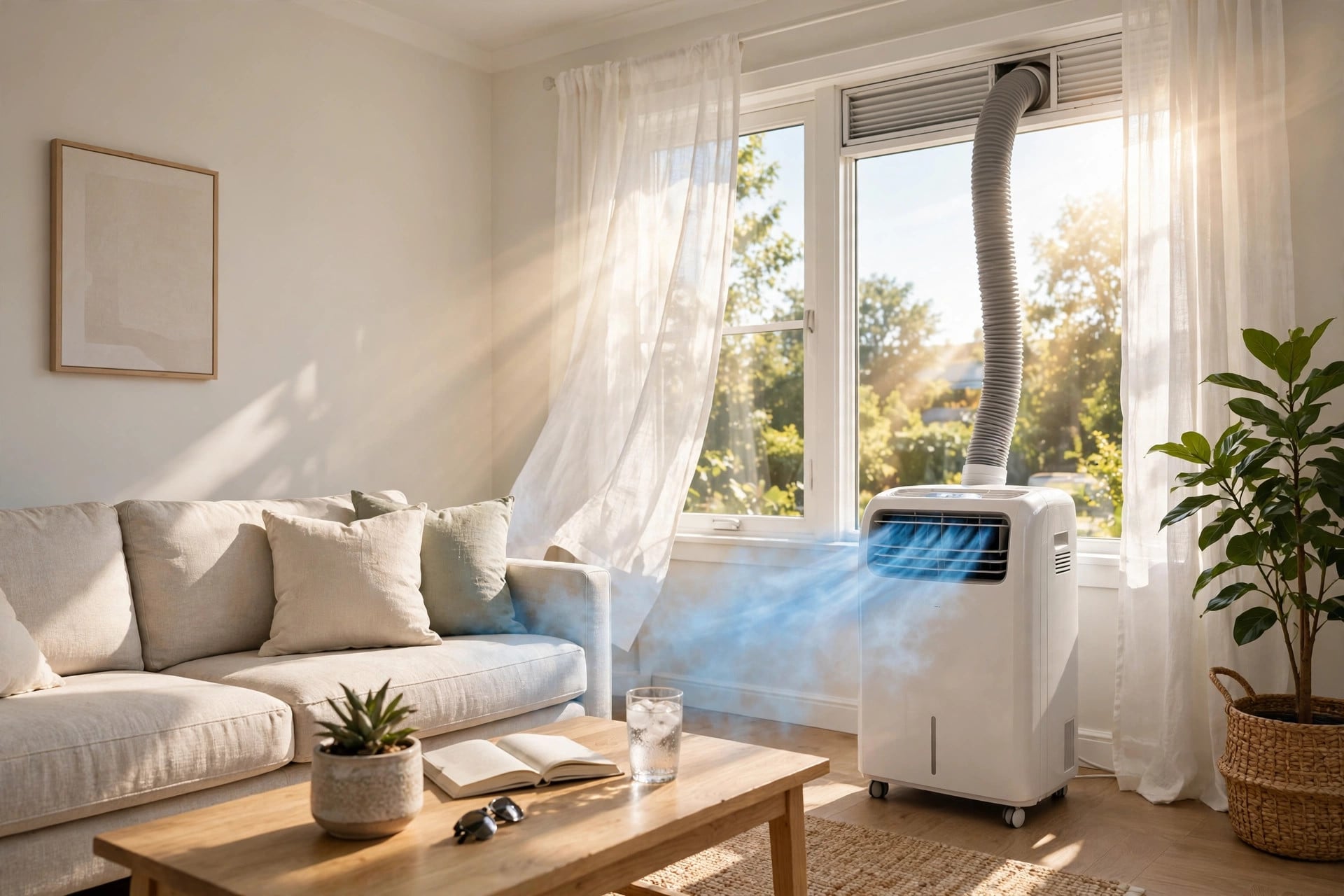 Portable air conditioner with exhaust hose venting through a sunny living room window