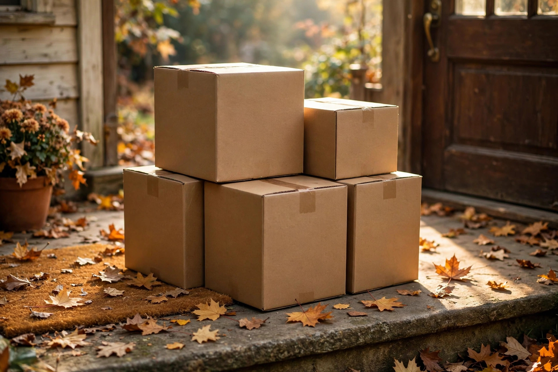 Delivery boxes stacked on a front porch doorstep