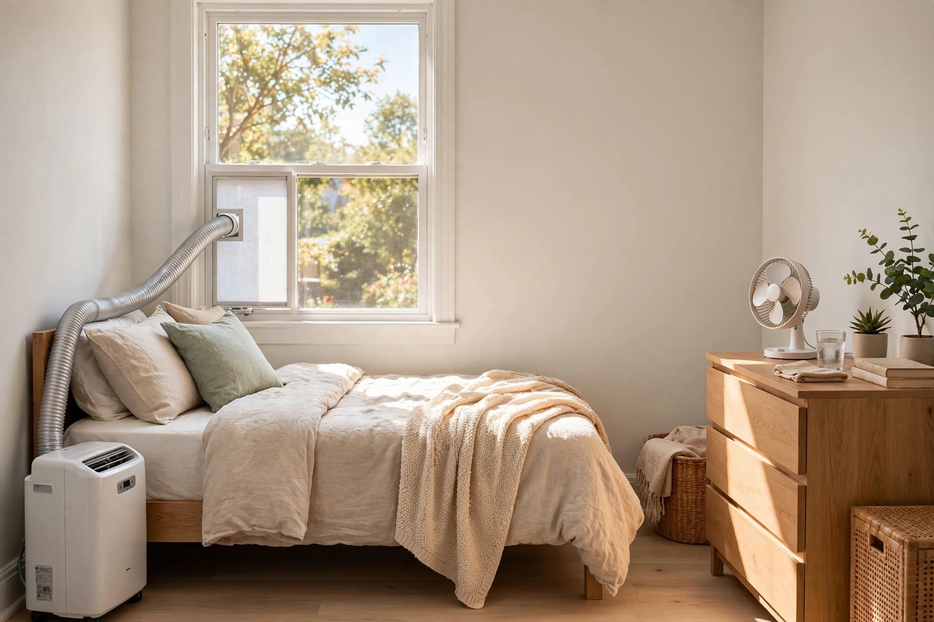 Portable air conditioner and fan cooling a small rental apartment bedroom