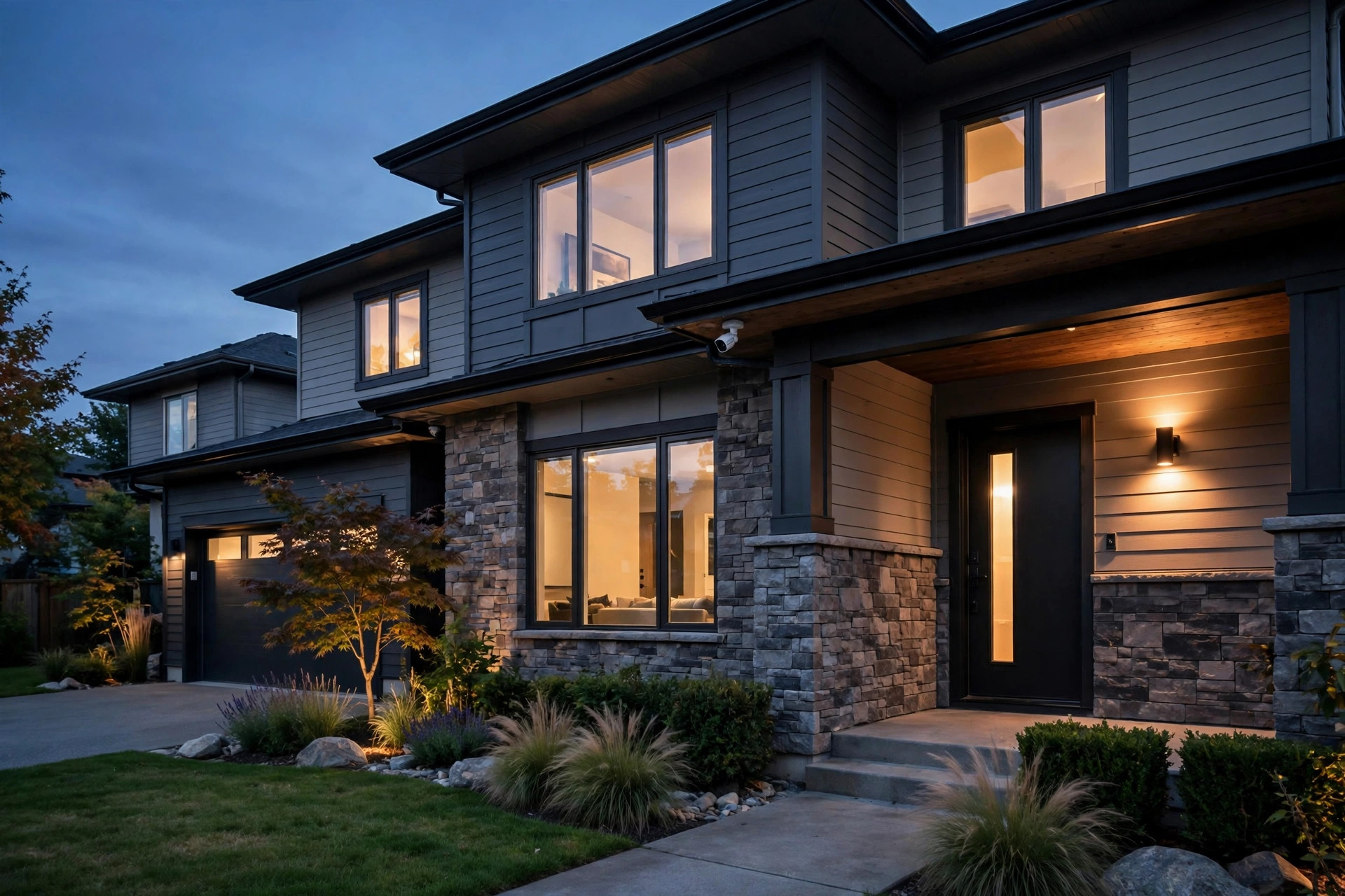 Suburban home exterior with a security camera under the eaves at dusk