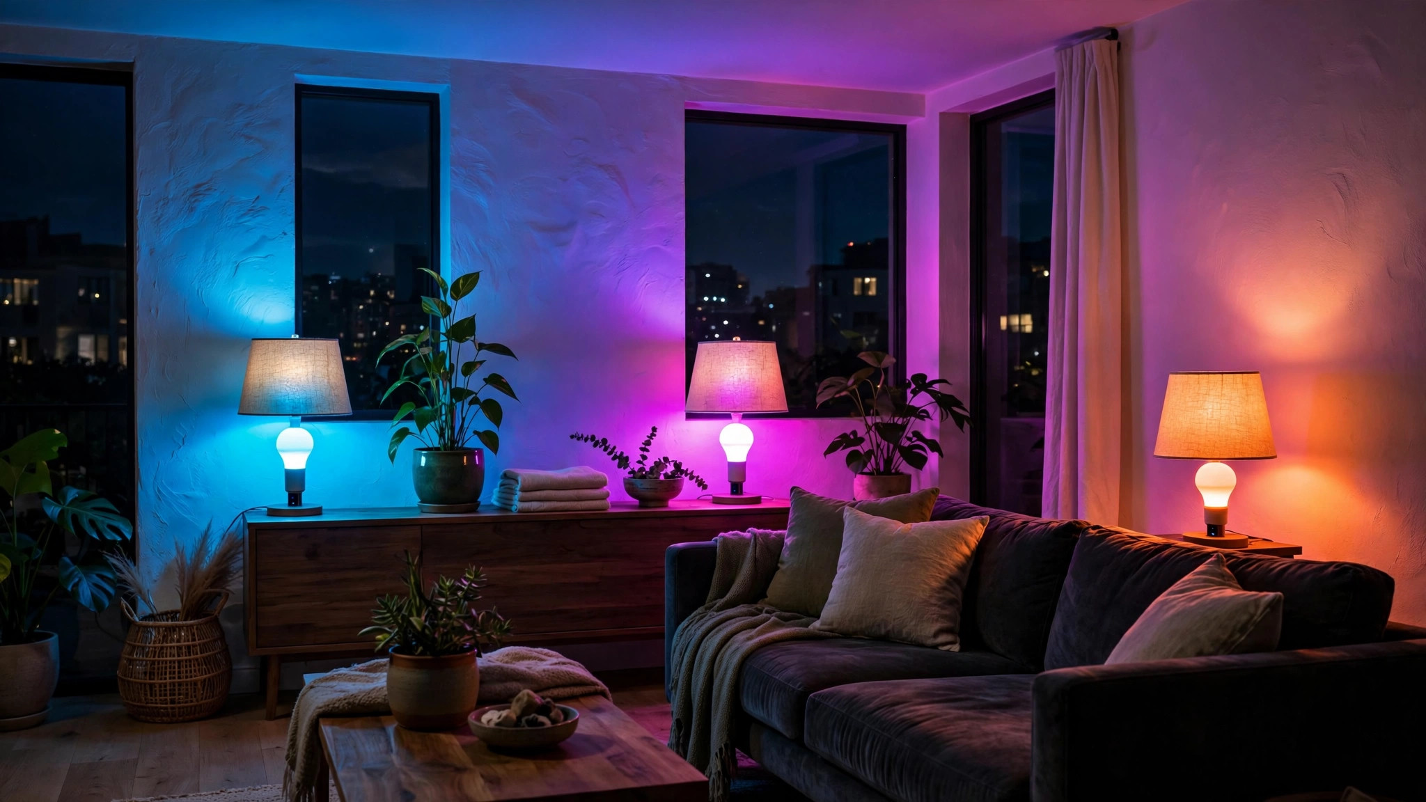Glowing color smart bulbs casting ambient color across a living room