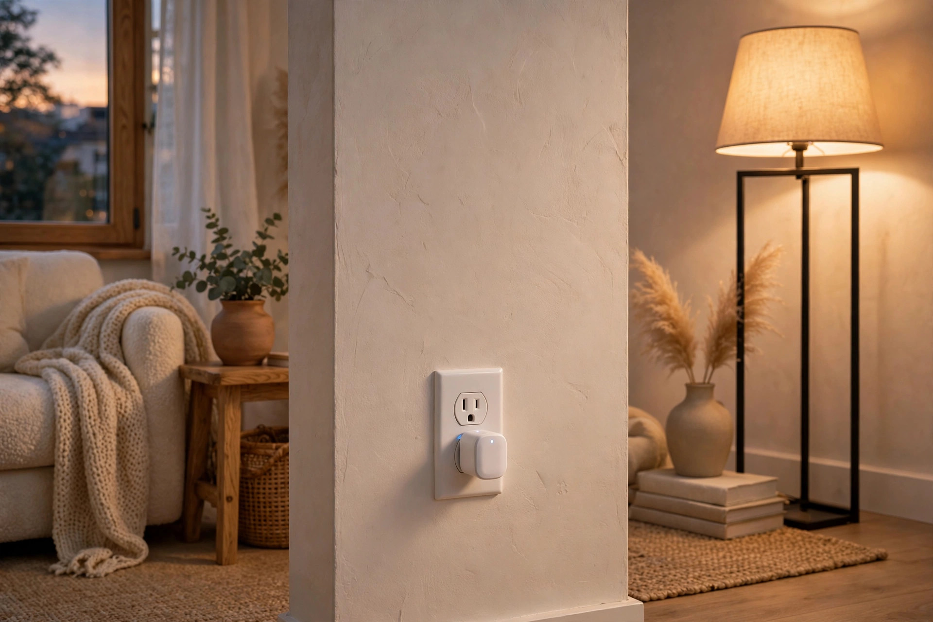 Smart plug in a wall outlet in a cozy living room