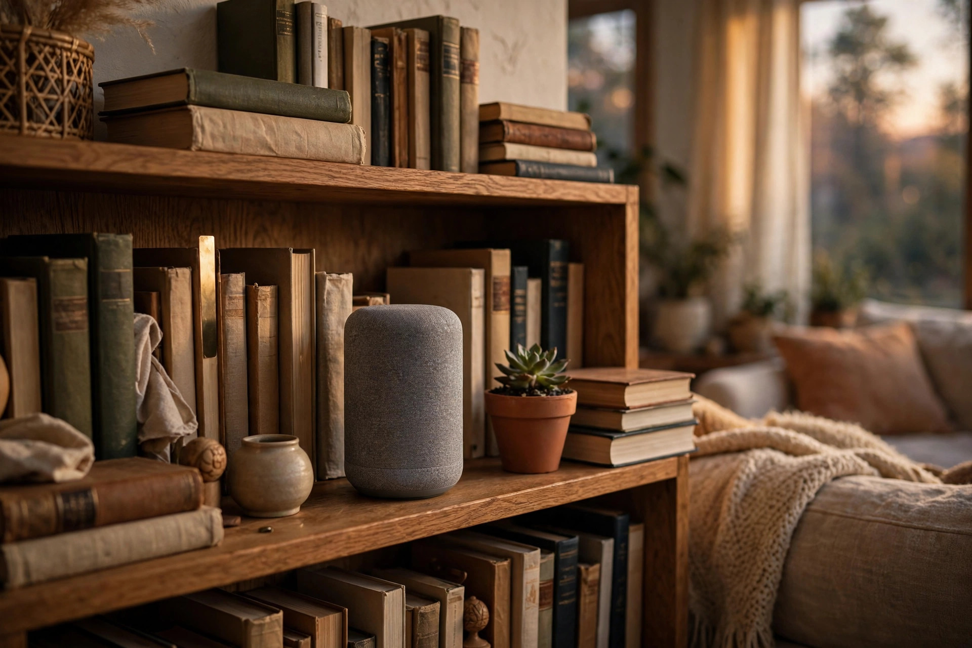 Smart speaker on a bookshelf in a cozy living room