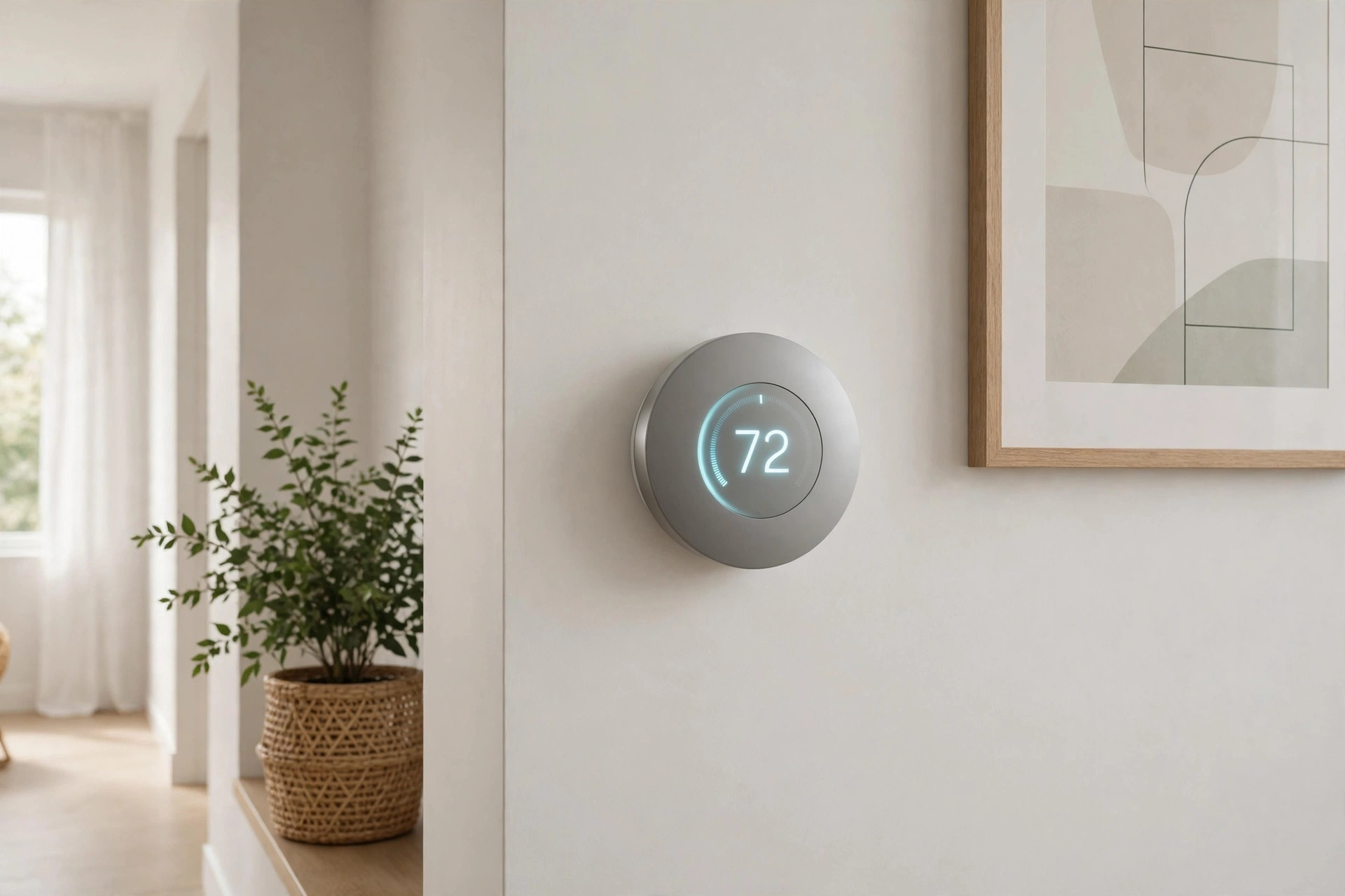 Smart thermostat on a modern hallway wall