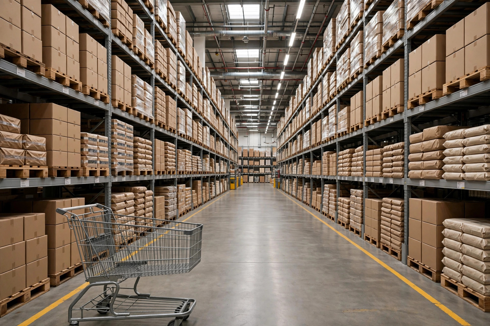 Wide aisle in a warehouse club store with bulk goods