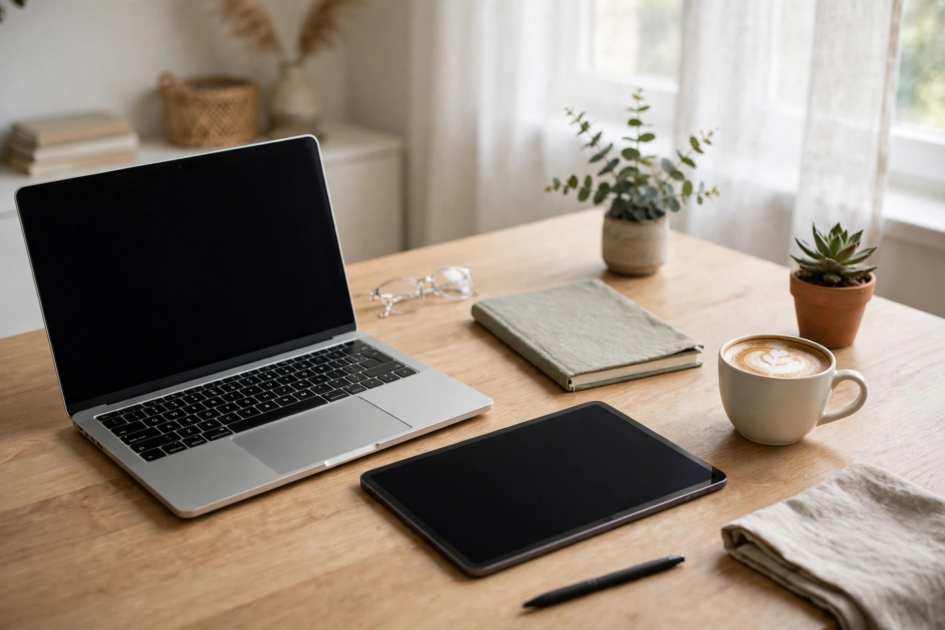 Laptop and tablet side by side on a home office desk