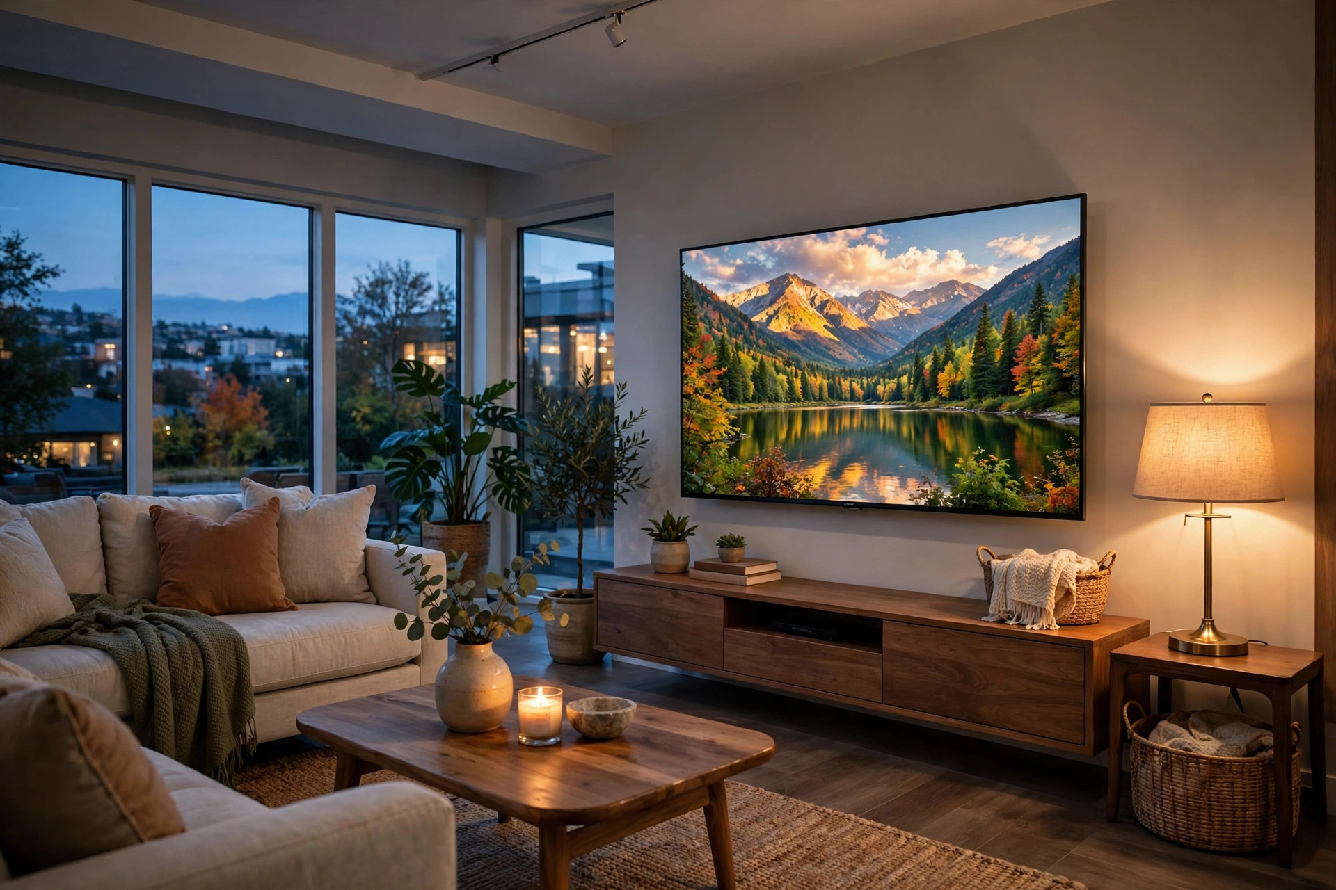 Large flat-screen TV on a living room wall at dusk