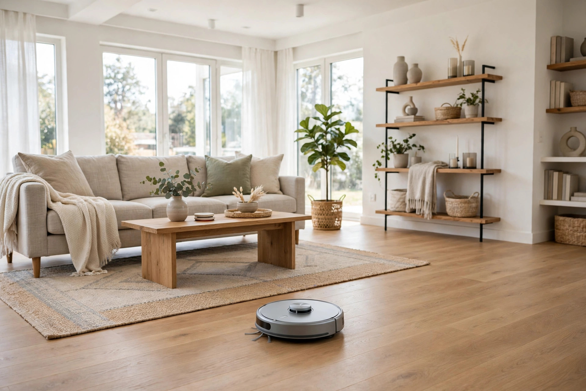 Robot vacuum cleaning a bright living room floor