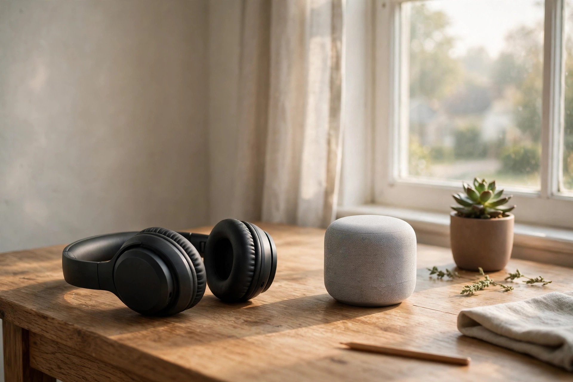 Wireless headphones and a smart speaker on a wooden desk