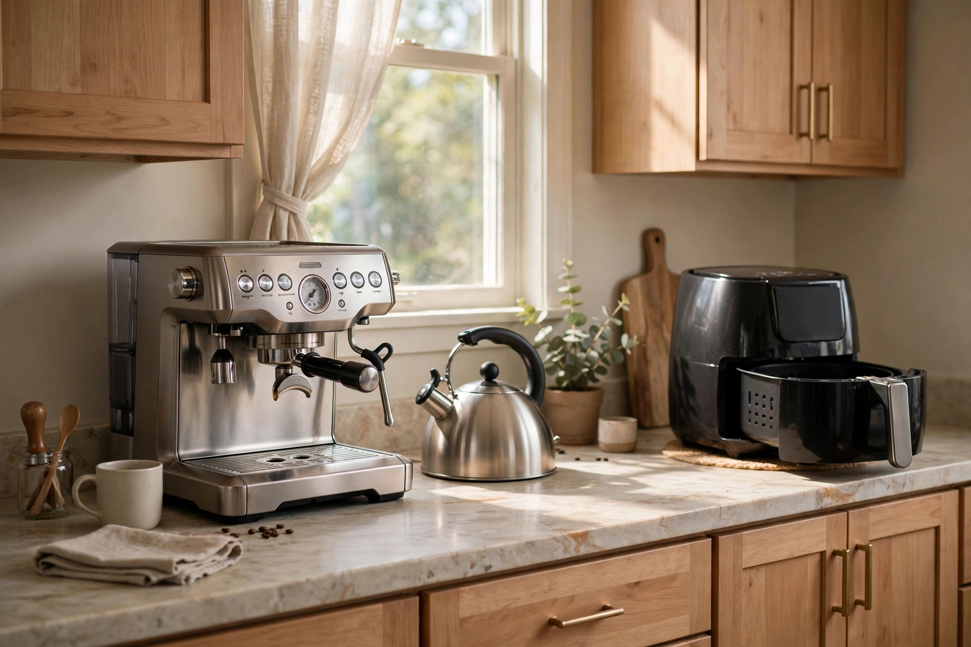 Espresso machine and kitchen appliances on a counter in morning light
