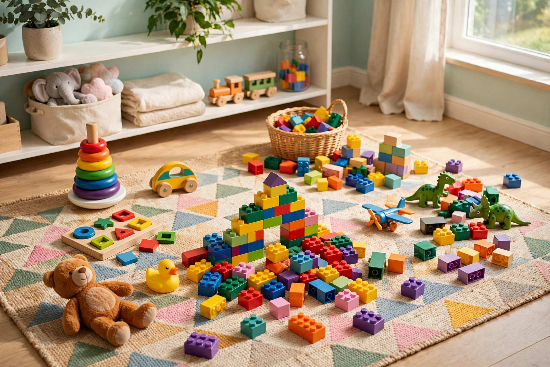 Colorful toys and building bricks on a playroom floor